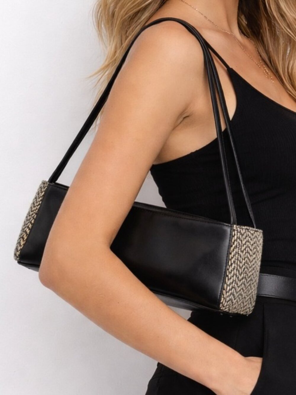 Naturalizer Black & Patterned Cream Brown Baguette Shoulder Bag Handbag